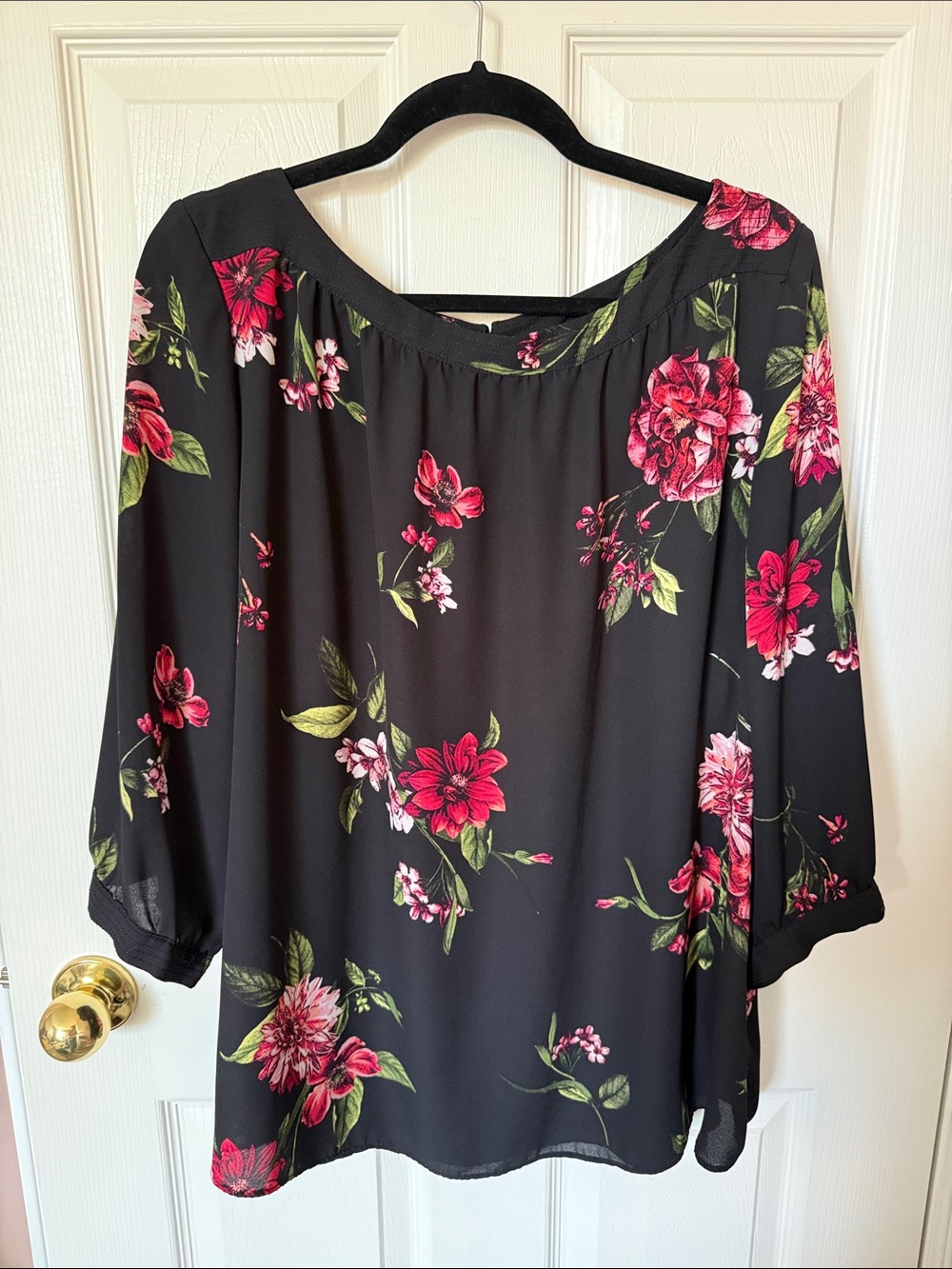 Black Floral Tunic Top with Pink Blooms